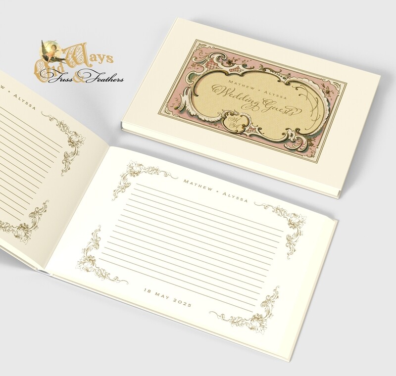 wedding guest book ivory cream color choice pink green blue lavender antique design vintage style personalized hardcover traditional guestbook landscape wide format custom inner pages elegant historical victorian well wishes bride groom