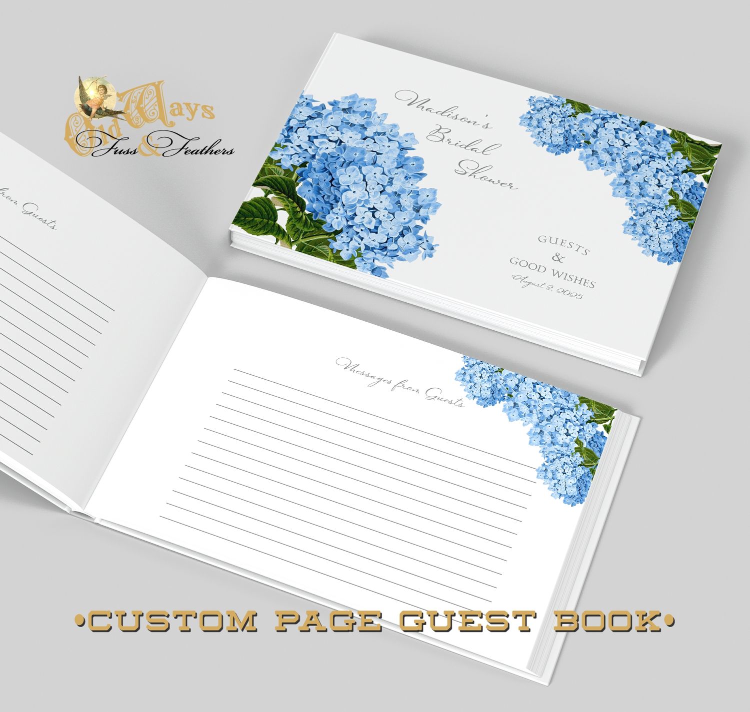 Custom personalized hardcover traditional bridal shower guest book with vintage botanical blue hydrangeas floral flowers white cover grey accent personalized custom inner pages bride to be keepsake wishes advice gifts photos