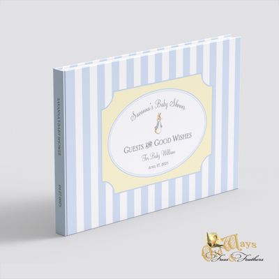 Casebound hardcover traditional guest book landscape wide blue and white stripes yellow grey accent vintage Peter Rabbit baby shower guest book boy custom pages guest messages gift list baby advice photos