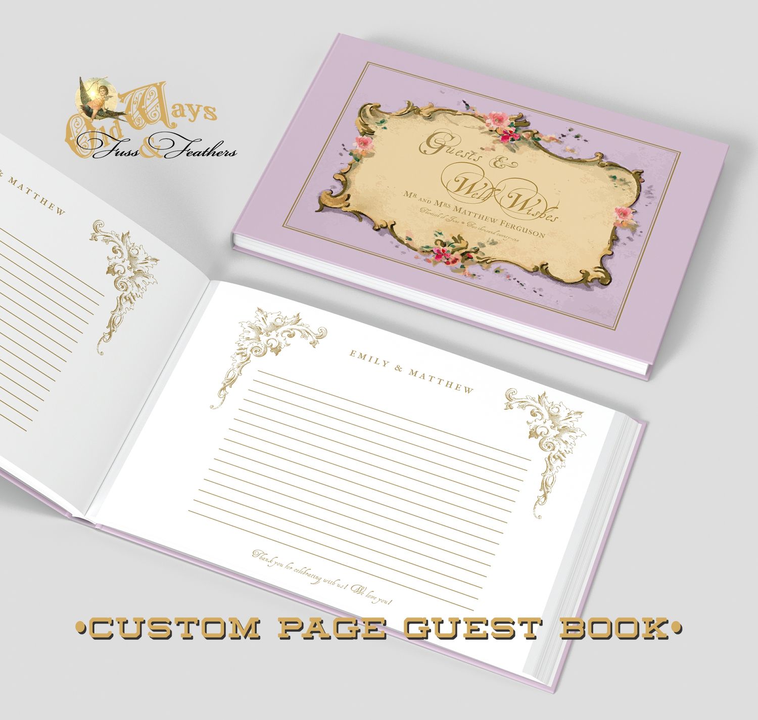 wide format horizontal hardcover casebound guest book with lilac light purple cover and french vintage antique artwork personalized for wedding quinceañera sweet 16 milestone birthday anniversary names date white pages guests and well wishes 