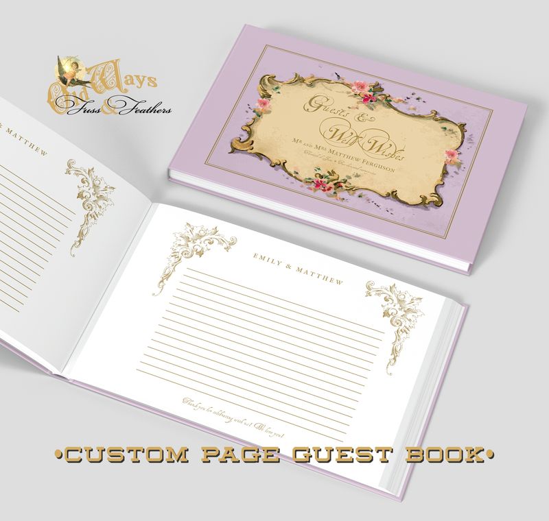 wide format horizontal hardcover casebound guest book with lilac light purple cover and french vintage antique artwork personalized for wedding quinceañera sweet 16 milestone birthday anniversary names date white pages guests and well wishes 