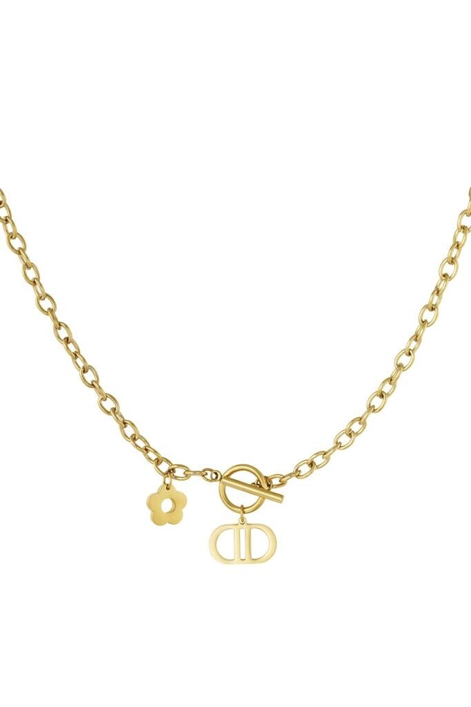 Ketting Schakel The Good Life met bloem Stainless Steel goud