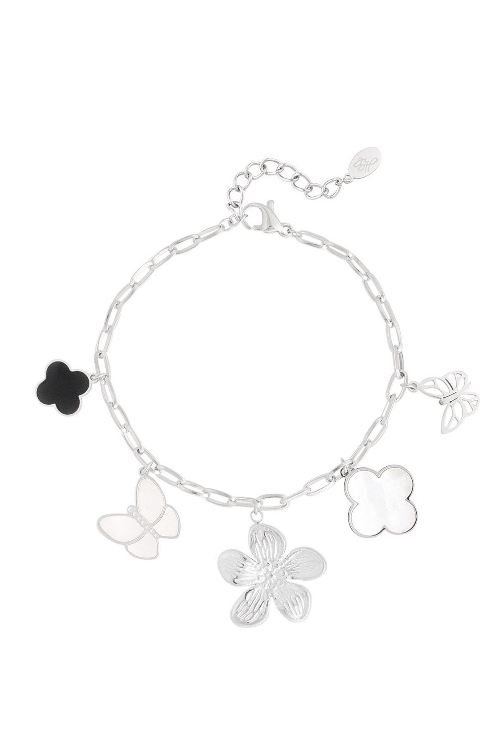 Armband bedel flower zwart wit zilver