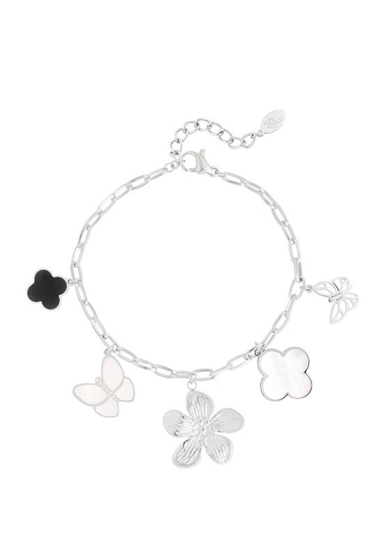 Armband bedel flower zwart wit zilver