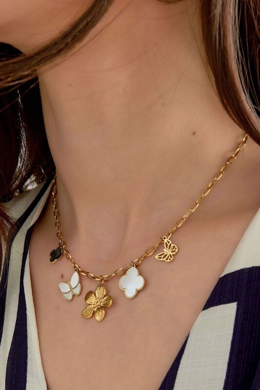 Ketting bedel flower zwart wit goud