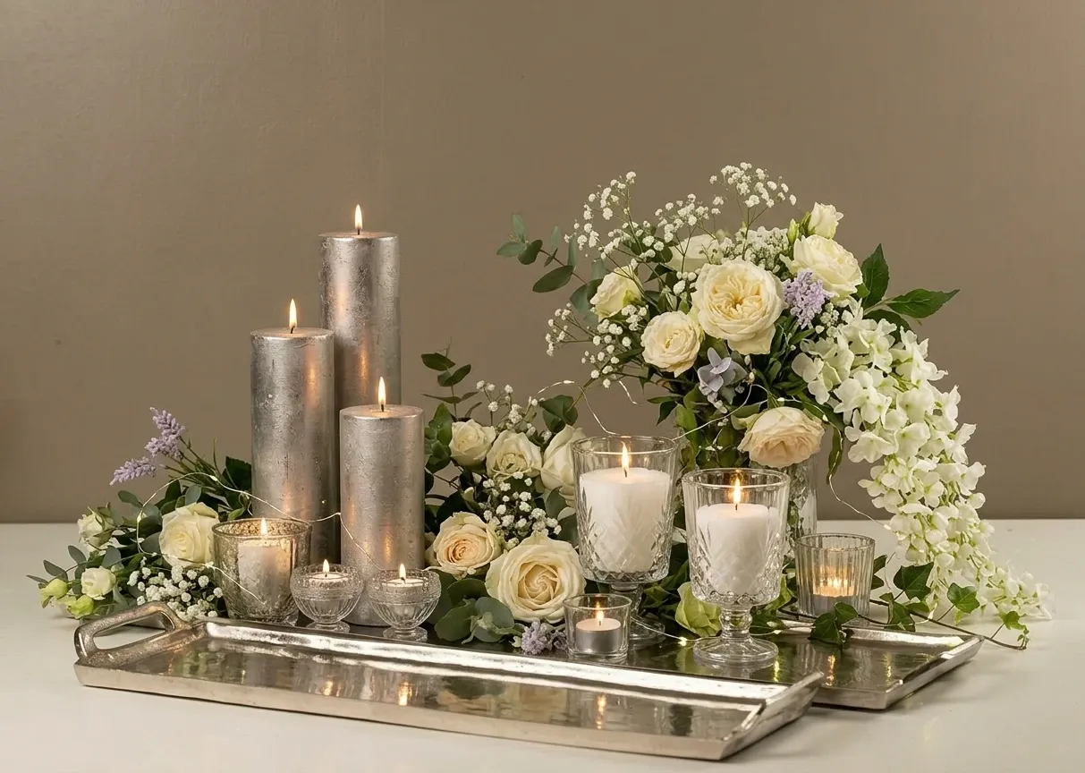 Stort metal/sølv lysfad aflangt