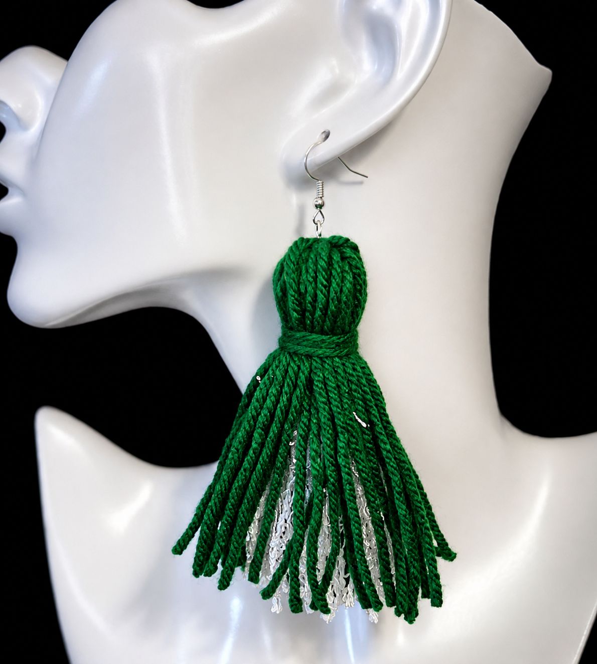 Green/White Yarn Tassel Earrings