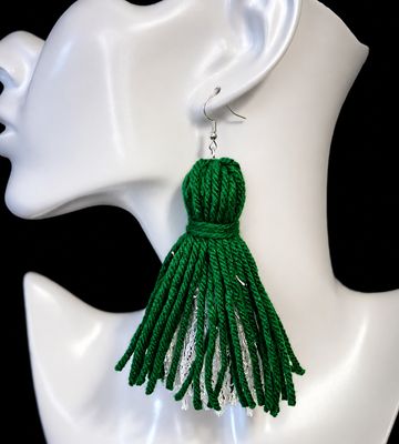 Green/White Yarn Tassel Earrings