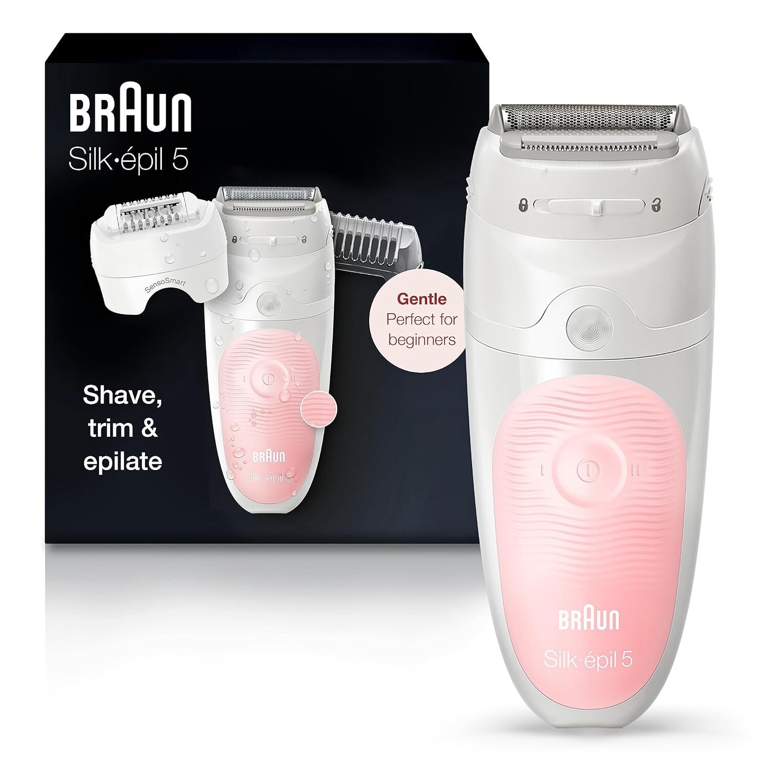 Braun Epilator Silk-épil 5 SES 5-620 Wet &amp; Dry Use Epilator for Women, 6 Piece Set, White/Pink