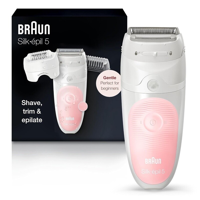 Braun Epilator Silk-épil 5 SES 5-620 Wet &amp; Dry Use Epilator for Women, 6 Piece Set, White/Pink