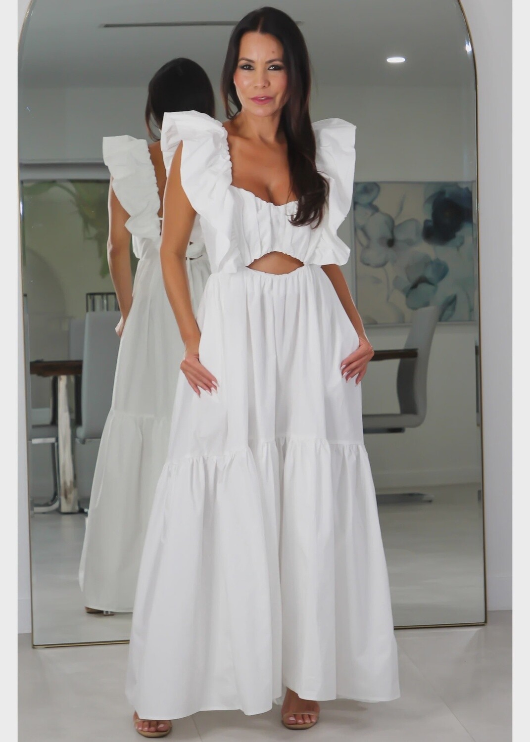 8505 Ruffle Shoulder Tiered Sleeve Ruched Maxi Dress