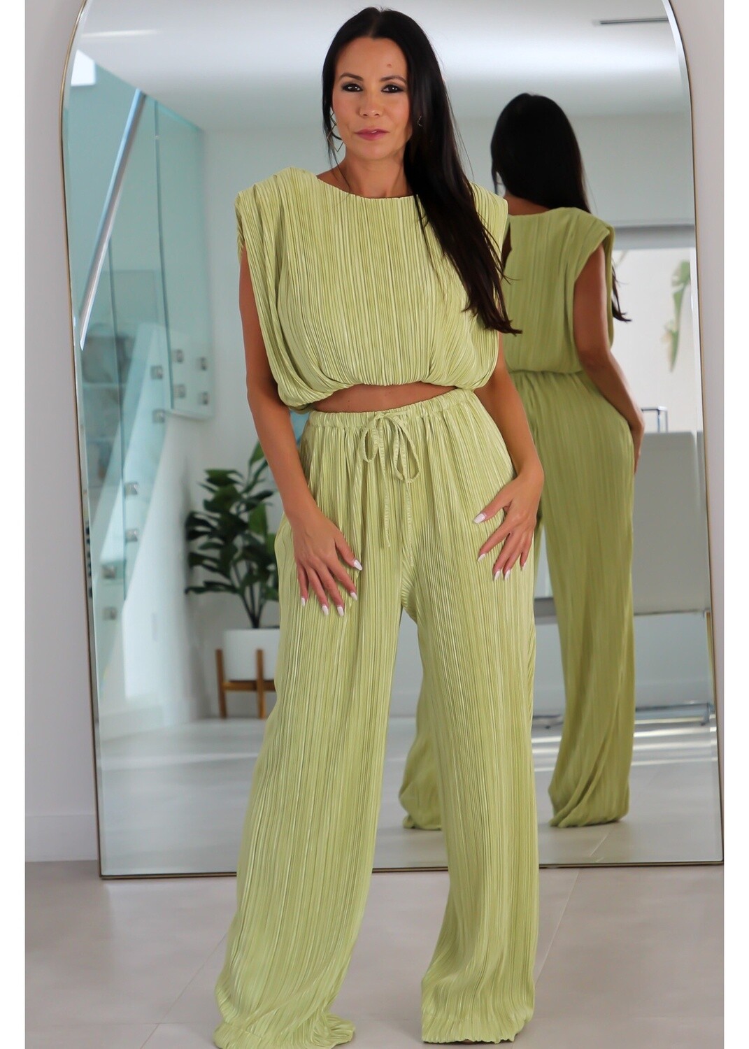 8839 Lime Crop Top Pant Set