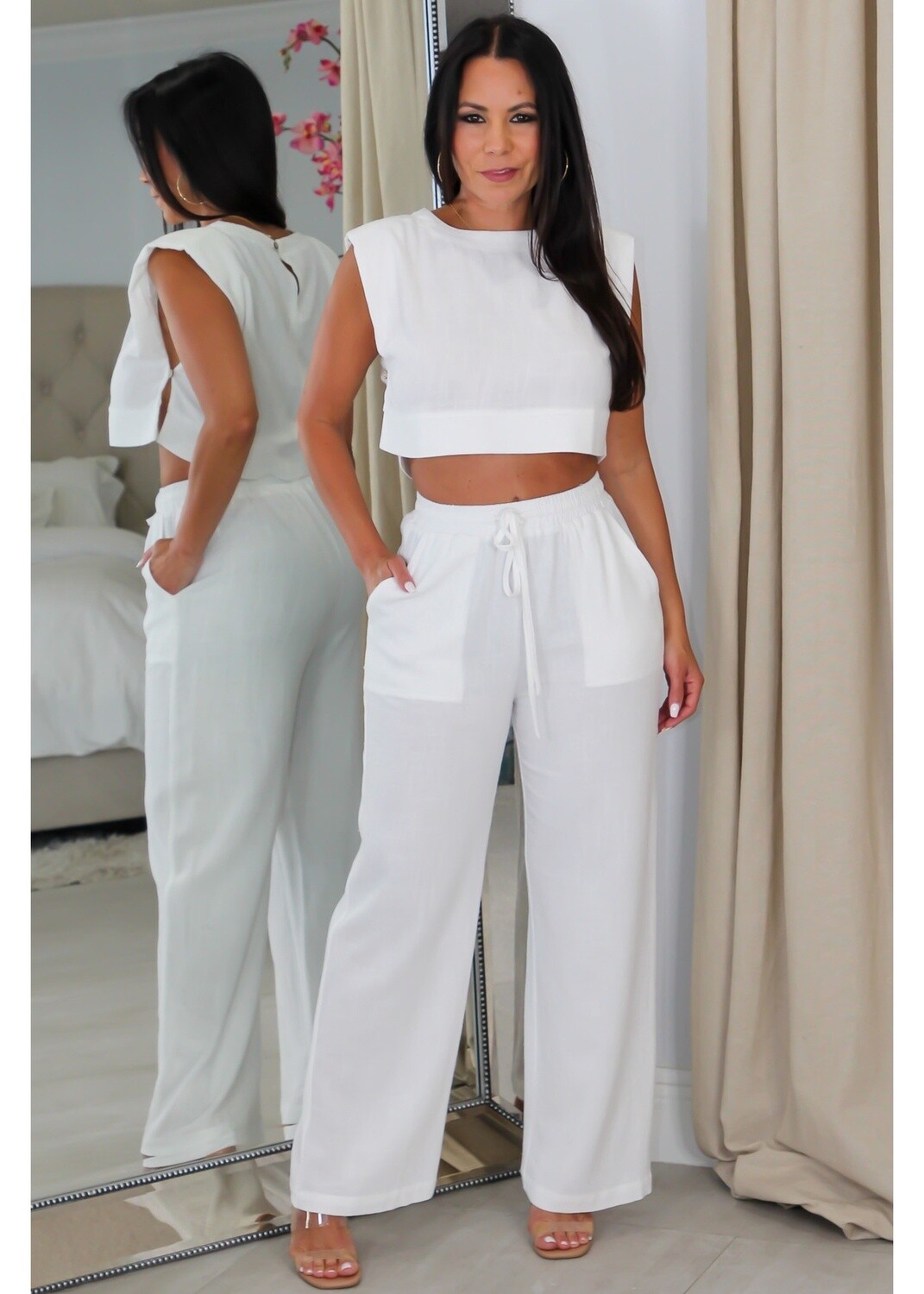 2266 Linen Shoulder Padded Crop Top