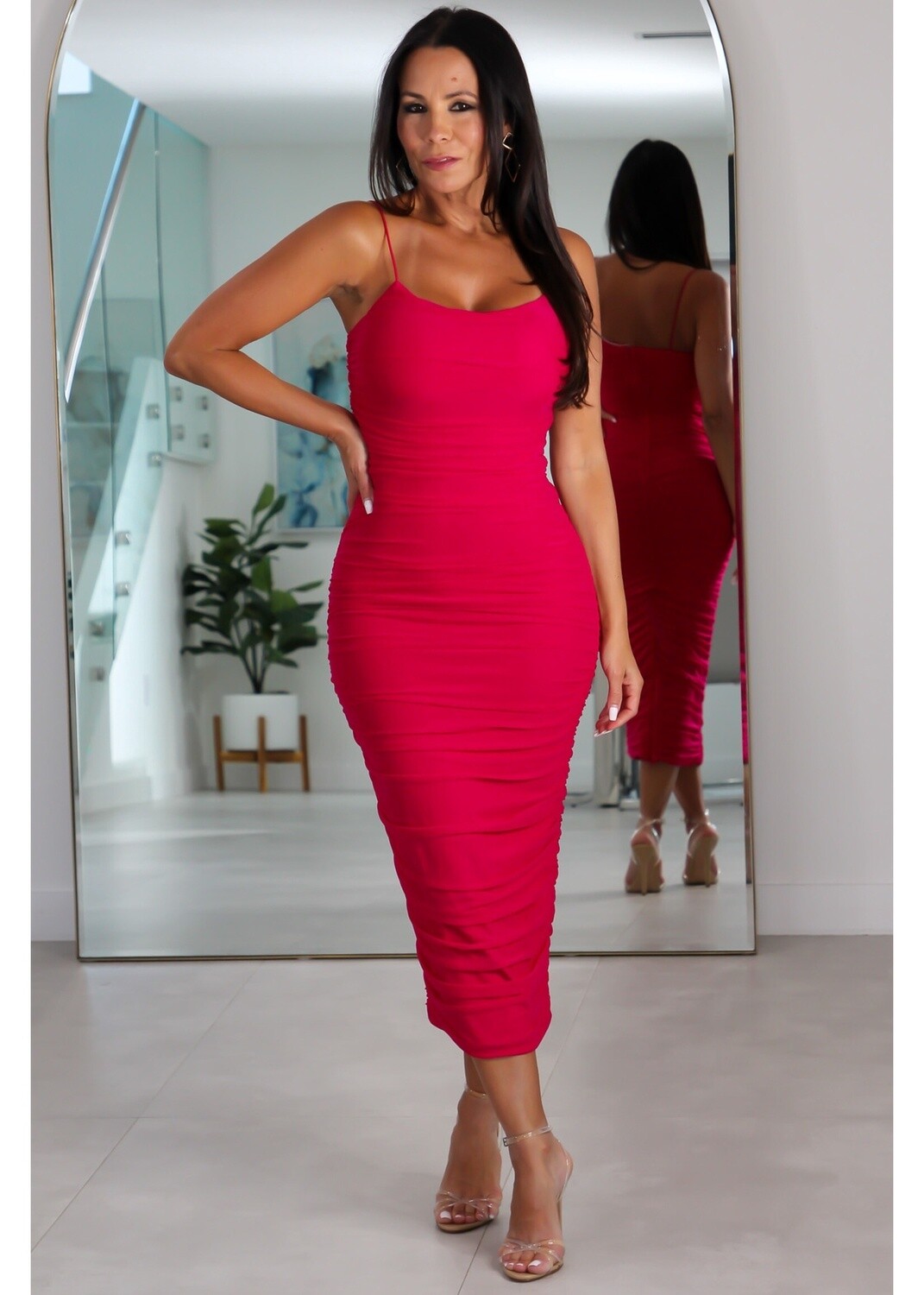 1745 Solid Mesh Sleeveless Side Cinch Dres, Size: Small, Color: Magenta