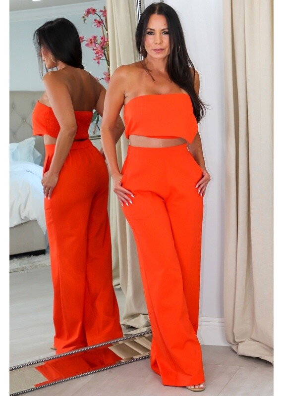 5259 Strapless  Asymmetrical Crop Top &amp; Pants Set