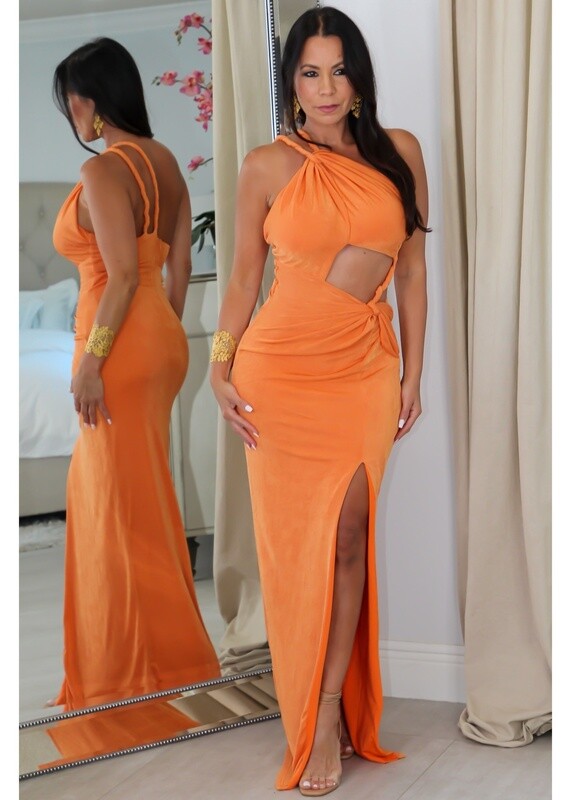 8974 Cutout Twist Strap Gown