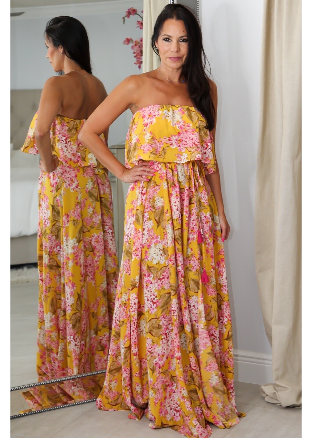 28028 Mustard Print Ruffle Dress
