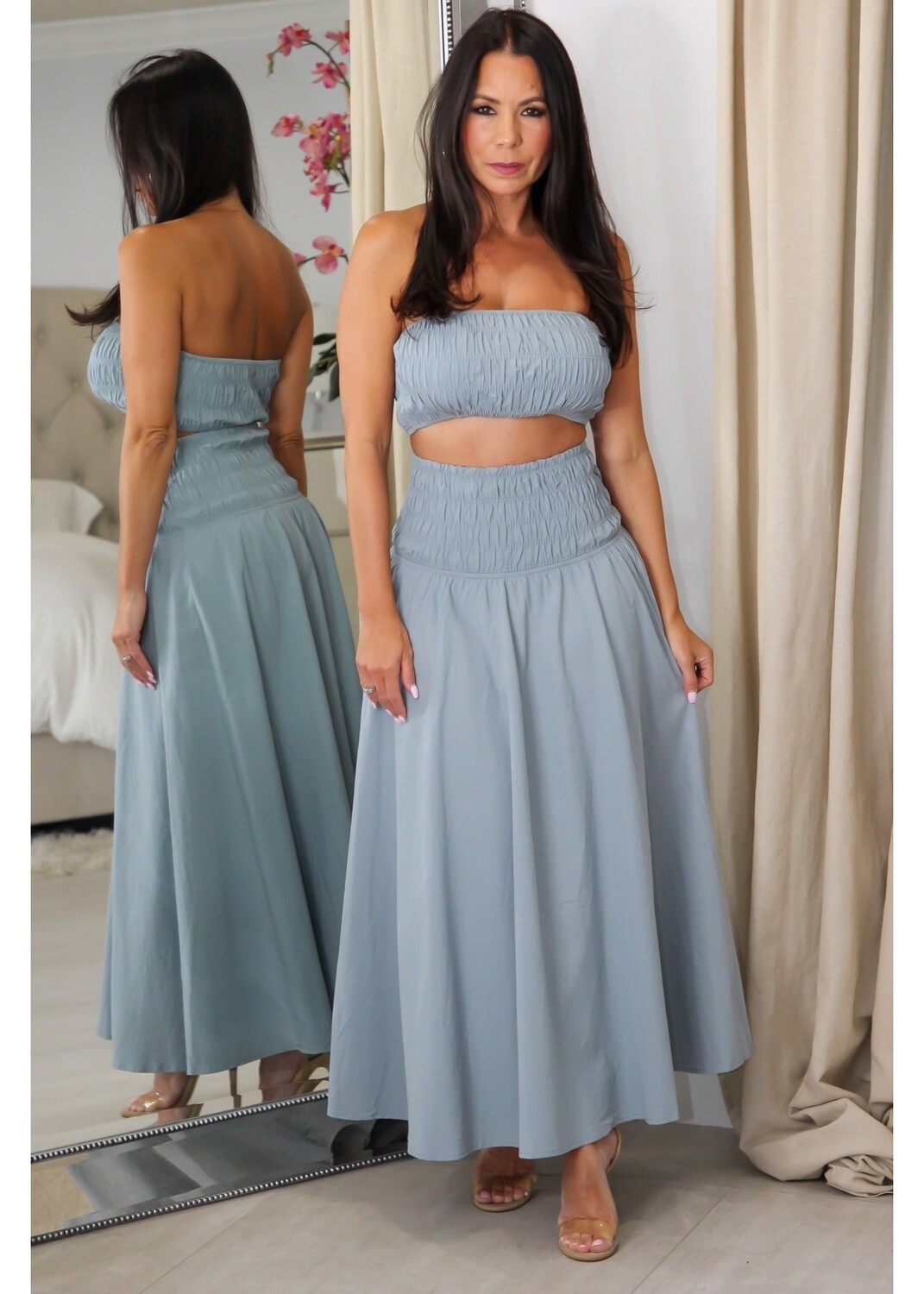 7297 Smocked Crop &amp; Midi Skirt Set