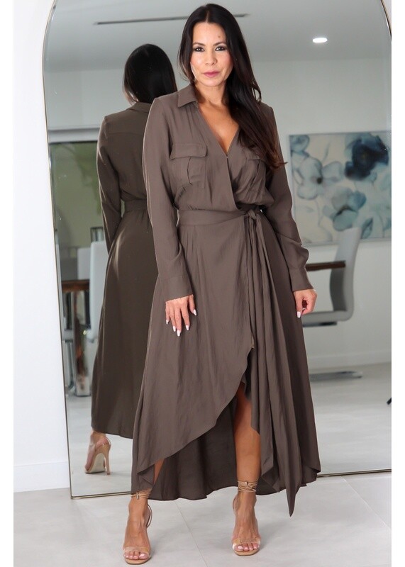 21898 Front Pocket Tie Waist Shirt Dress