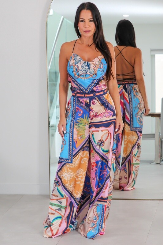 2399 Scarf Top Satin Pant Set