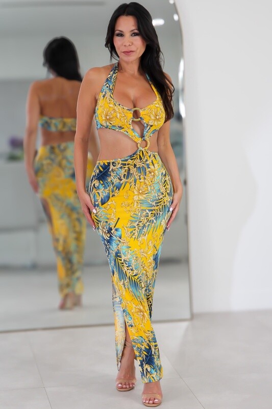 12591 Double Ring Cut Out Slit Maxi Dress,