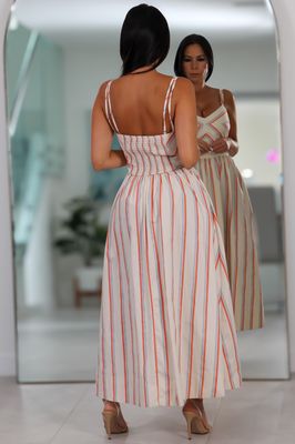 10298 Coral Stripe Midi Dress
