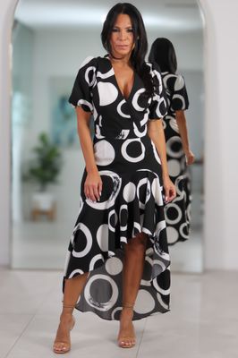 32408 Black &amp; White Geometric High-Low Dress