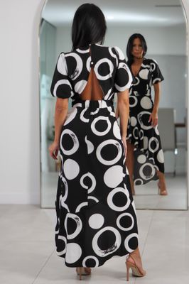 32408 Black &amp; White Geometric High-Low Dress