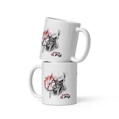 White glossy mug your time is up coffee tea skull angry gothic clock dark evil claws chain horror unique alternative scary best gift for