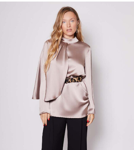 AM231013793 TAUPE SATIN BLOUSE WITH BELT