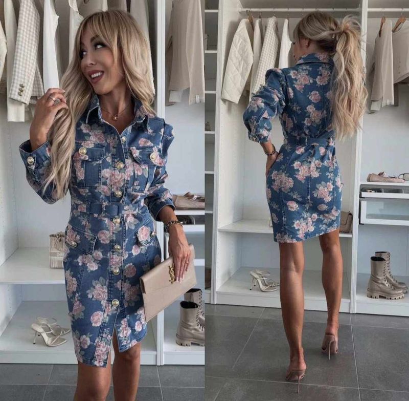 ED25021194 FLORAL DENIM DRESS  /   ONE SIZE M-XL
