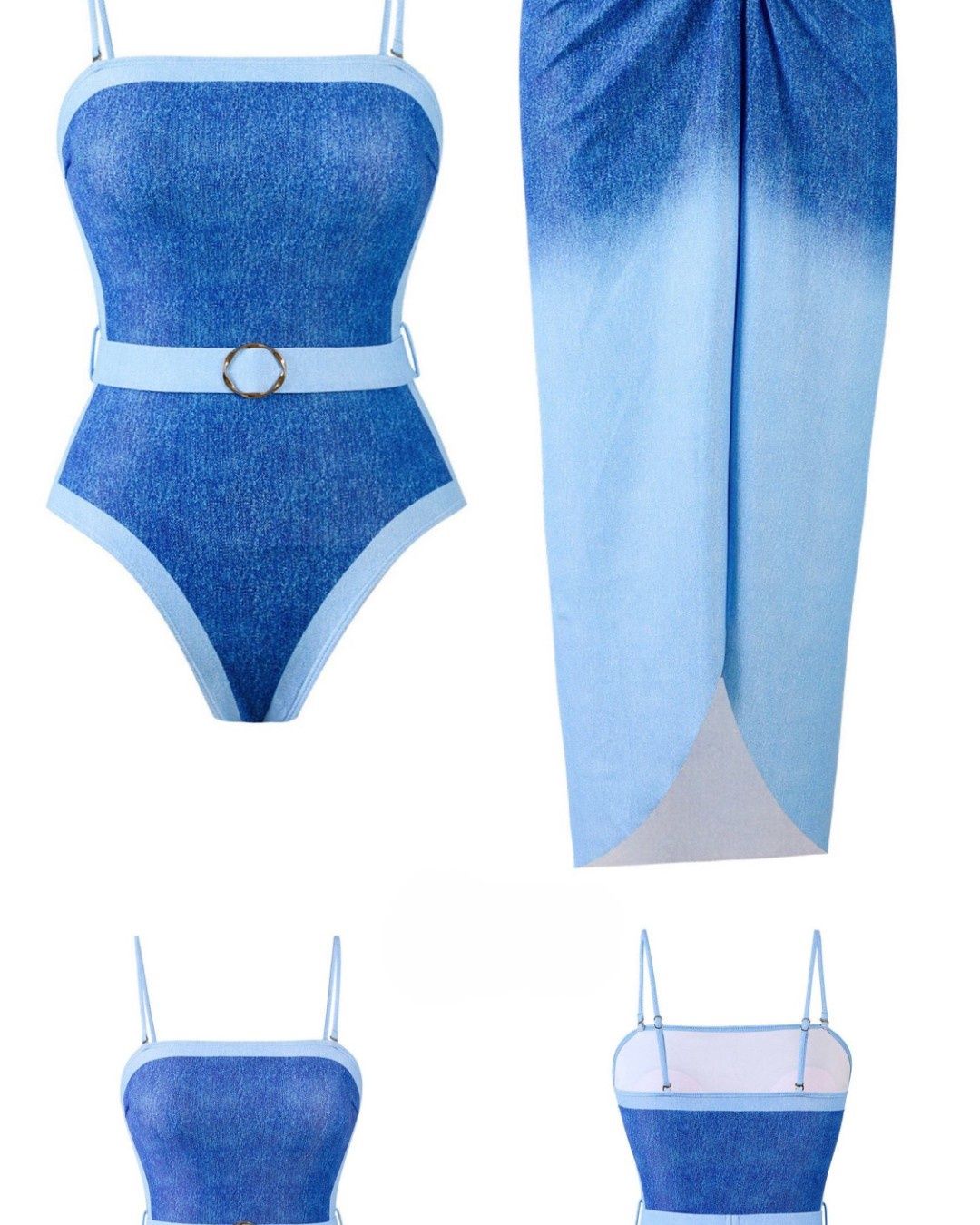 NB2503962 Chic Denim Illusion One-Piece Swimsuit with Sarong