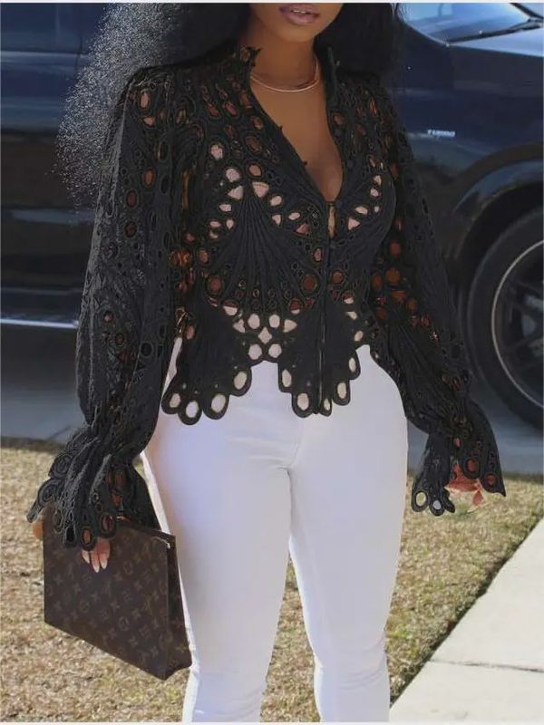 FA2508 BLACK CUTOUT LACE BLOUSE