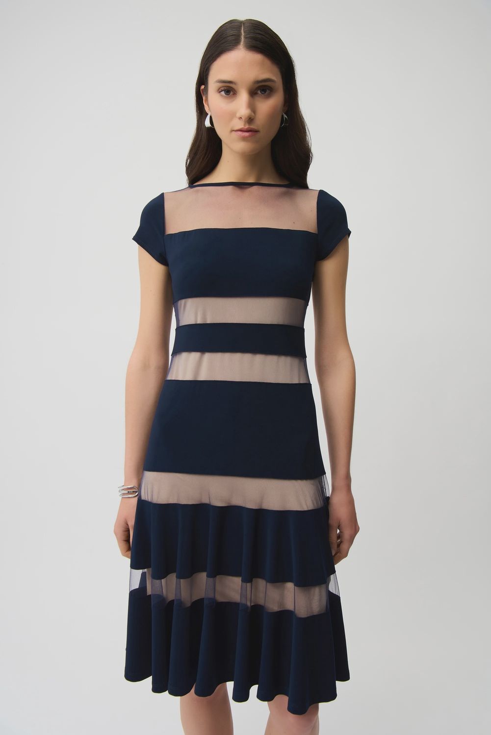 RJ2512 SHEER STRIPE FIT &amp; FLARE DRESS