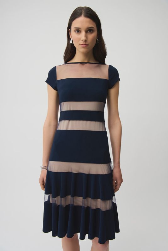RJ2512 SHEER STRIPE FIT &amp; FLARE DRESS