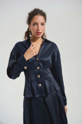 RJ2601 SATIN PEPLUM BLOUSE NAVY
