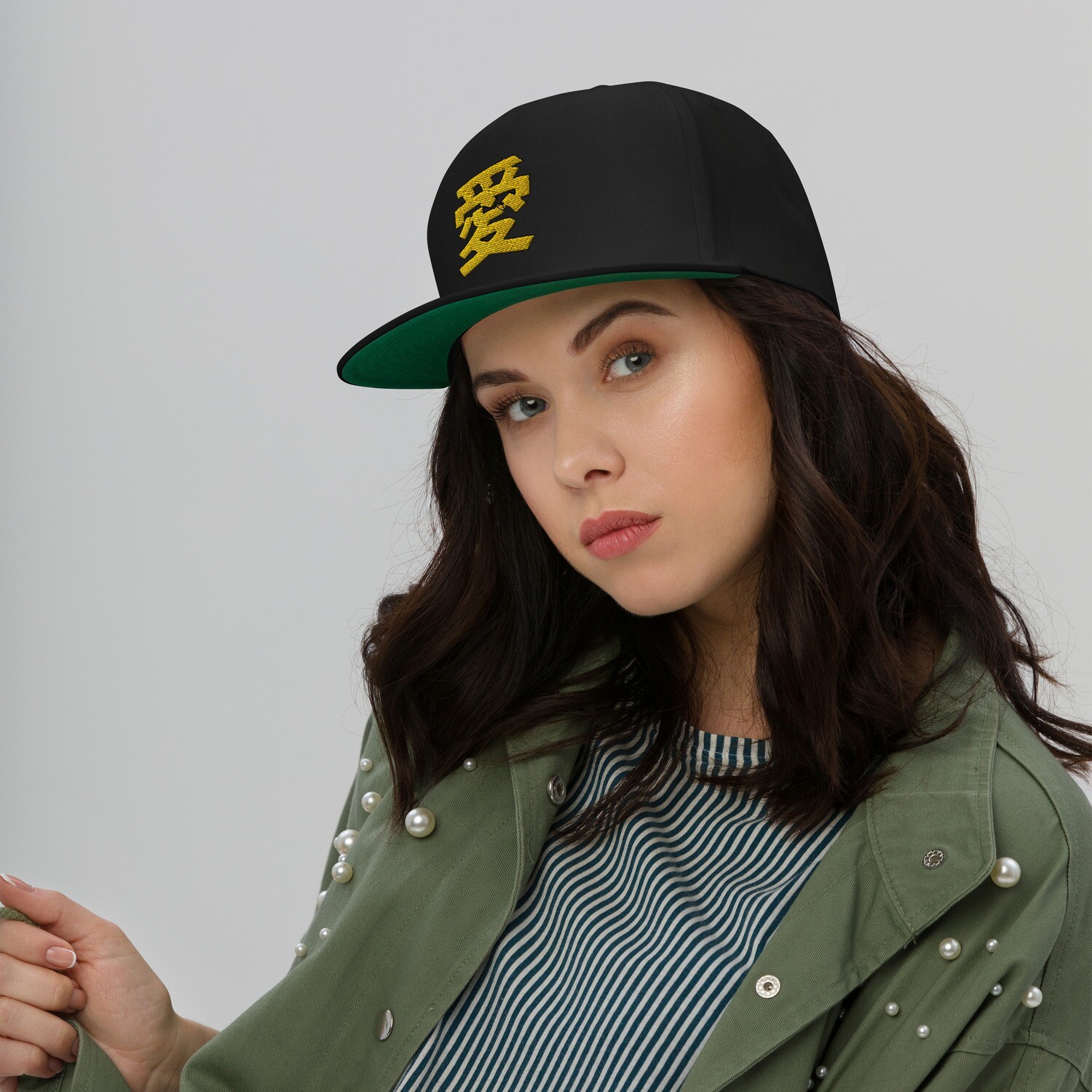 Love Japanese Kanji Embroidery Flat Bill Cap - Black and White | Anime Fan Gift, Japanese Streetwear