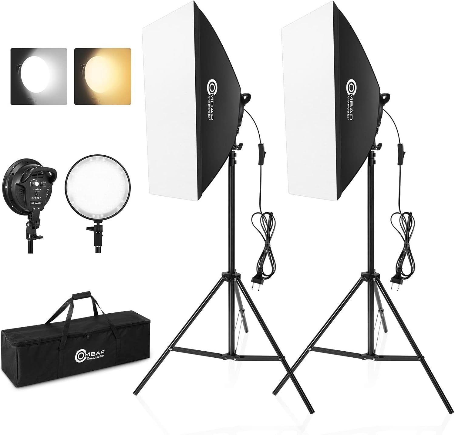 OMBAR Softbox Set -  LN 2102 -Foto Dual Color Dimbare Softbox - Professionele fotografie - Met 50 x 70 cm 45 W LED-lichtkop en 2 studiolampstatieven - Voor studioportretvideo-opname