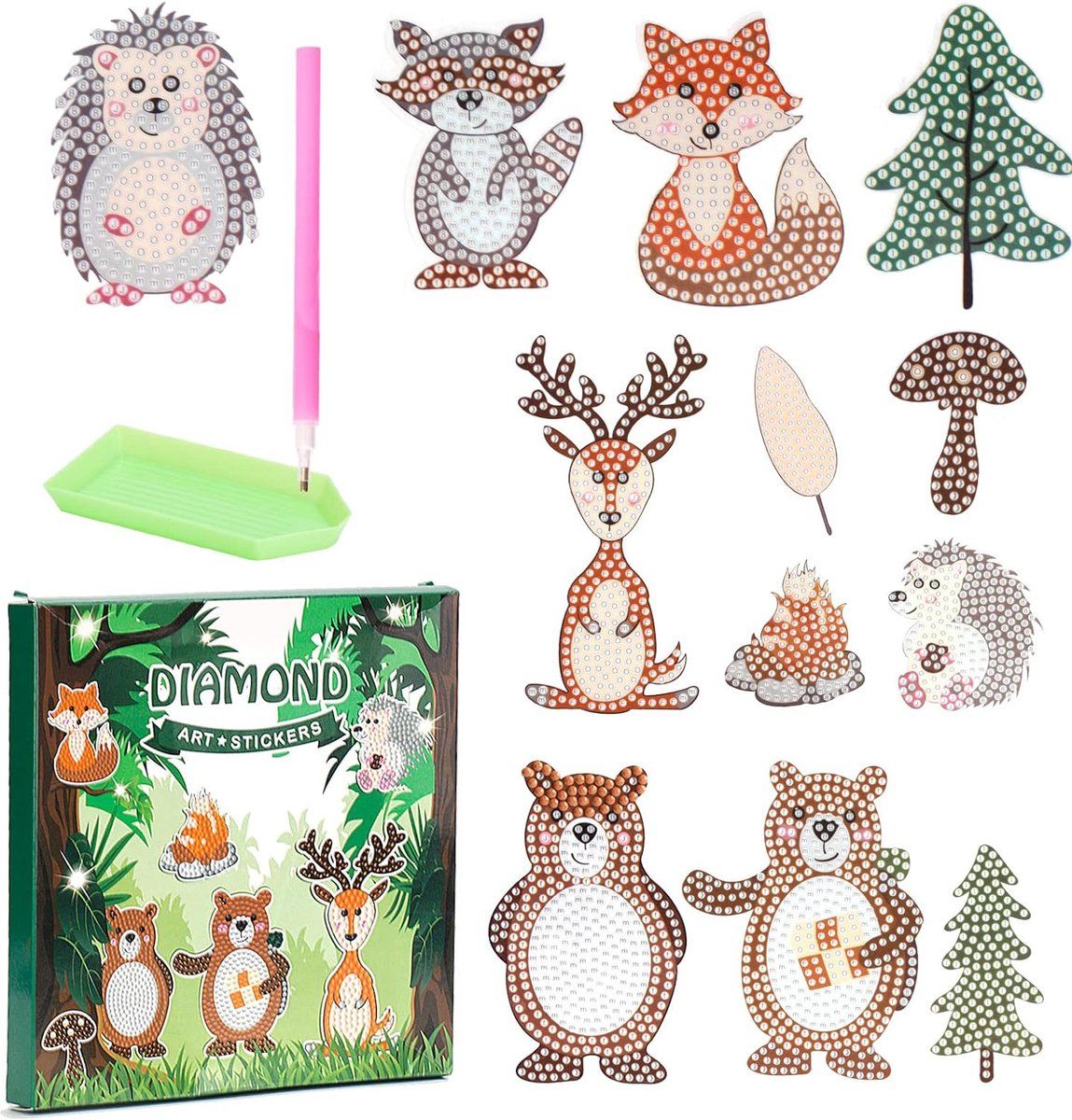 5D Diamond Painting Kinderdierenset-diamantschilderijen-doe-het-zelf diamantstickers- beer, kerstboom, vos, egel, paddenstoel- met geschenkdoos-voor Kerstmis, kinderdag, verjaardagscadeau