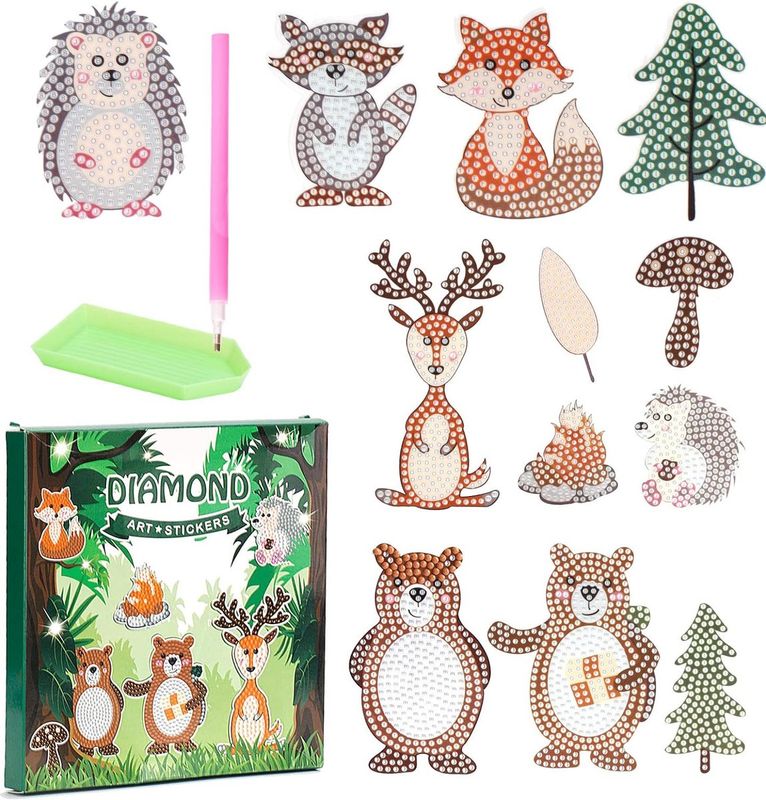 5D Diamond Painting Kinderdierenset-diamantschilderijen-doe-het-zelf diamantstickers- beer, kerstboom, vos, egel, paddenstoel- met geschenkdoos-voor Kerstmis, kinderdag, verjaardagscadeau
