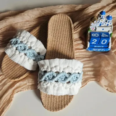 Handgefertigte Makramee Sandalen Santorini in hellblau und weiss, leichte Slippers fĂźr Alltag, Ferien oder Strand
