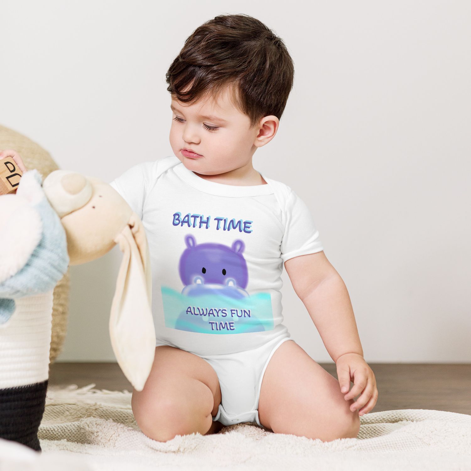 &quot;BATH TIME ALWAYS FUN TIME &quot; Baby white short sleeve  one piece