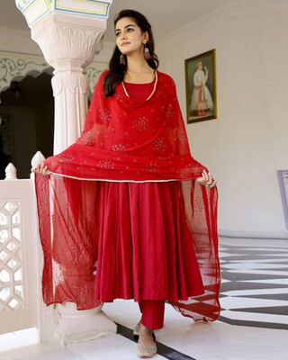 Red Cotton Anarkali Suit with Hand Block Printed Chiffon Dupatta