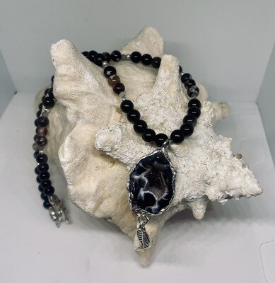 Geode Pendant with Onyx and Agate beaded necklace