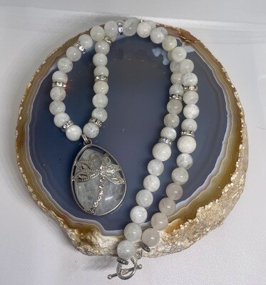 Dragonfly Pendant with White Quartz Beads