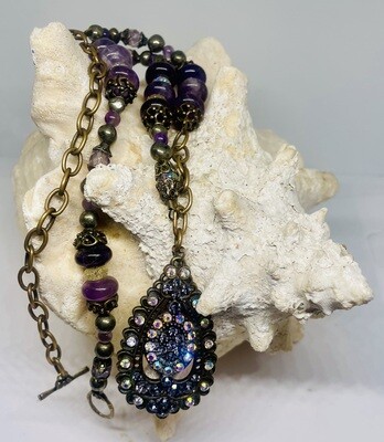 Vintage Amethyst and Brass Pendant Necklace