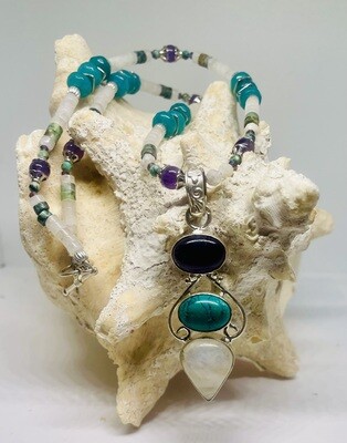 Tri-Stone Pendant in Amethyst, Turquoise and Moonstone