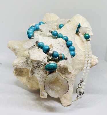 African Turquoise and Moonstone Necklace with Quartz Geode Pendant