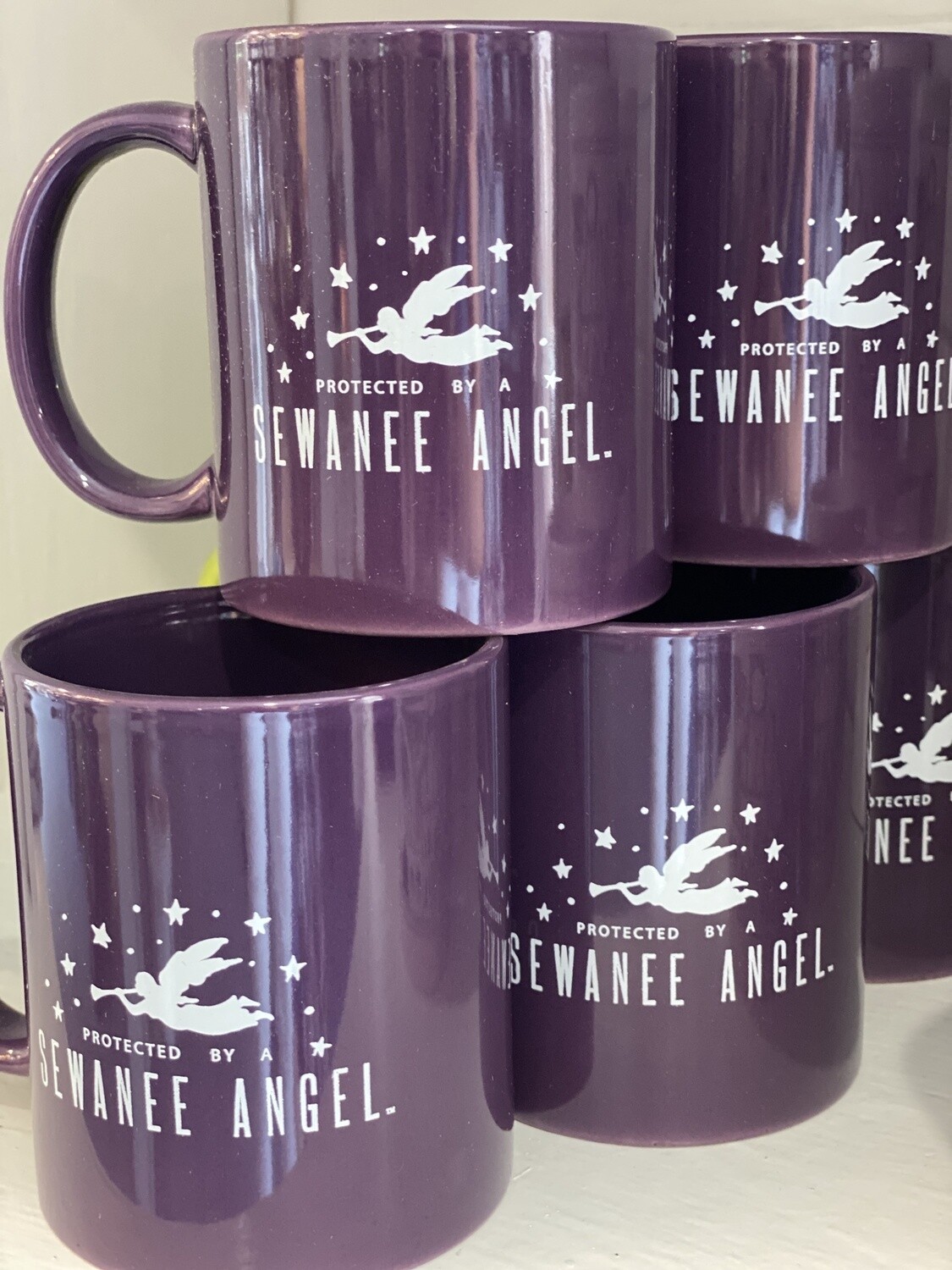 protected by sewanee angel mug, purple