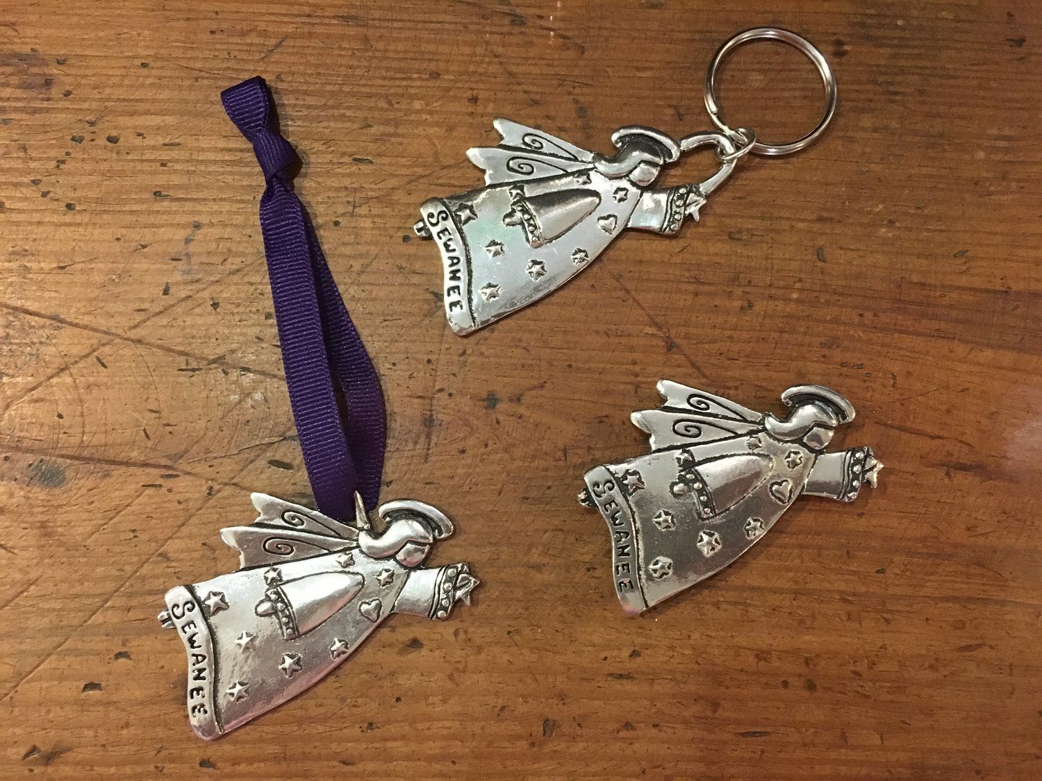 Pewter Sewanee Angel Ornament w/ purple ribbon